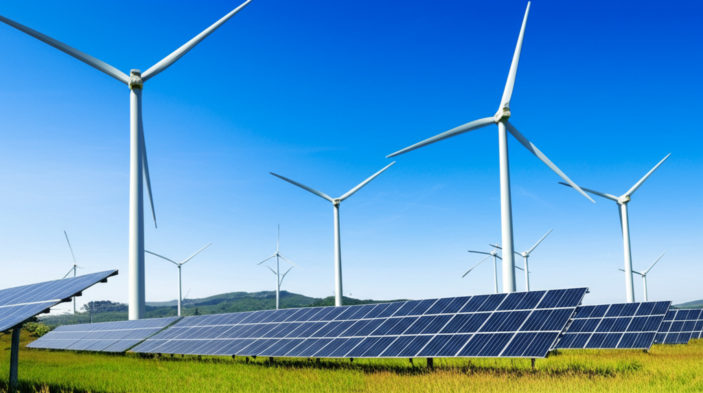 風力発電とソーラーパネルによるエコロジーエネルギー